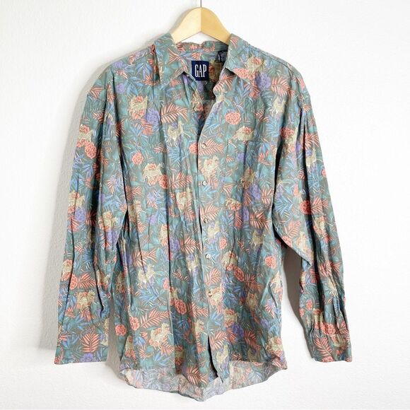 Vintage GAP Jungle Tropical Zebra Leaf Button Down Shirt Size Large - Picture 1 of 3